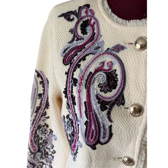 Chico’s Embroidered Paisley Lady Jacket size 1 US M Cream Purple Button Front - Picture 12 of 14